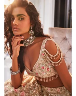 Golden Glitter Ivory Organza Embroidered Lehenga Set