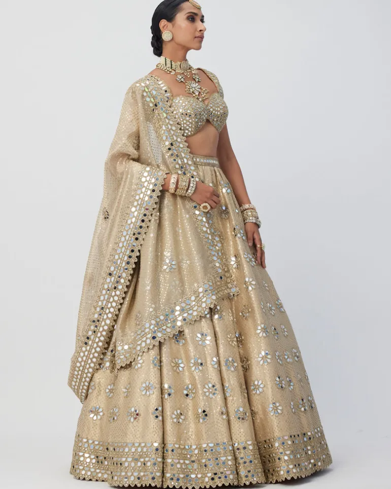 Golden Shimmer Organza Flower Lehenga Set