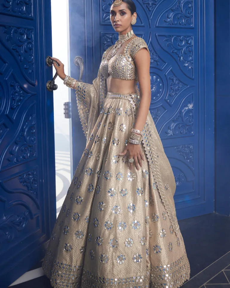 Golden Shimmer Organza Flower Lehenga Set
