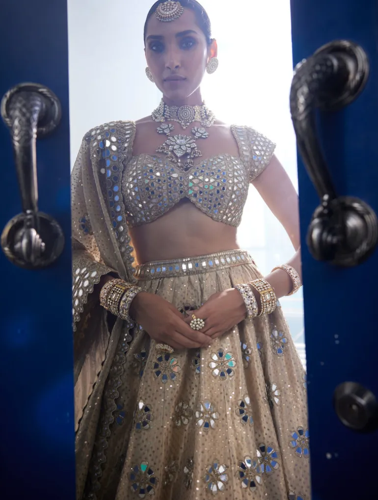Golden Shimmer Organza Flower Lehenga Set