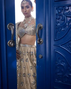 Golden Shimmer Organza Flower Lehenga Set