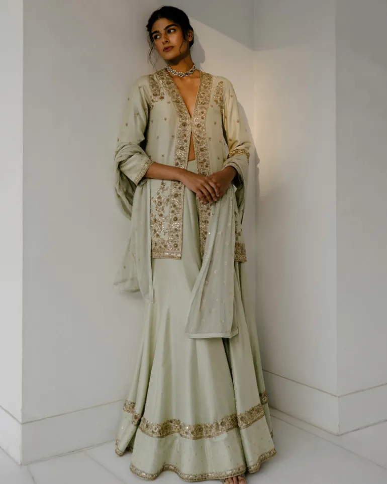 Gota & Dabka Front Open Kurta With Sharara