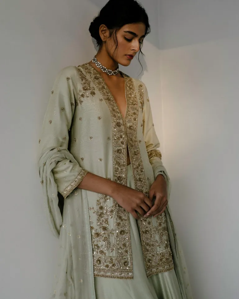 Gota & Dabka Front Open Kurta With Sharara