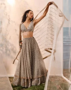 Gray 3D Flower Lehenga Set