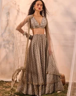 Gray 3D Flower Lehenga Set