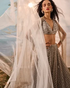 Gray 3D Flower Lehenga Set