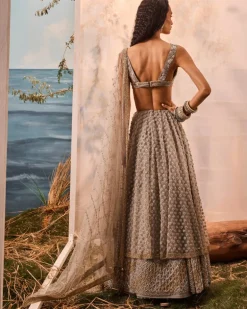 Gray 3D Flower Lehenga Set