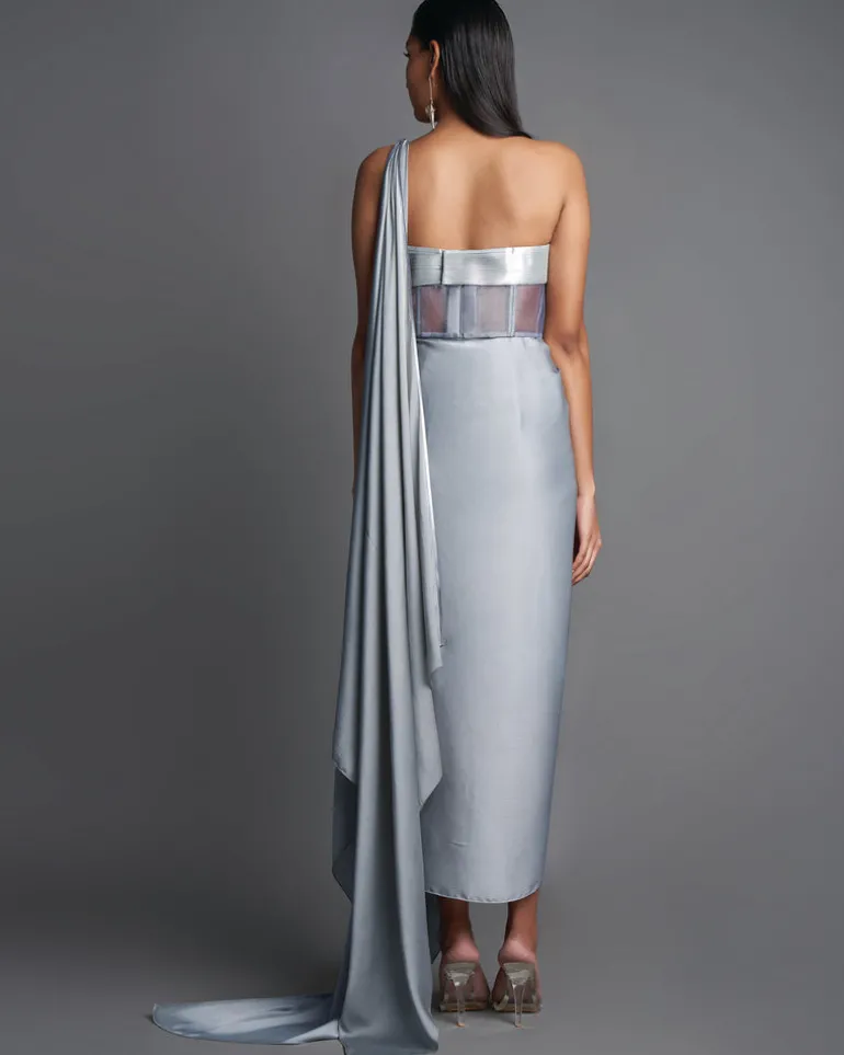 Gray Draped Sari With Bustier Set
