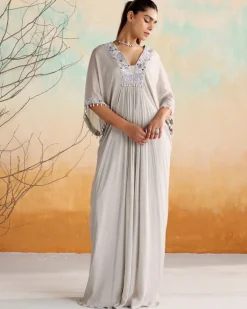 Gray Embellished Draped Kaftan