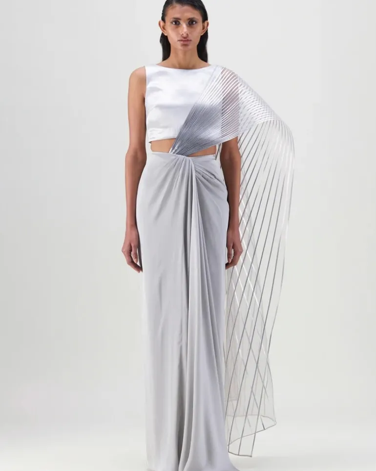 Gray Structured Pallu Sari Set
