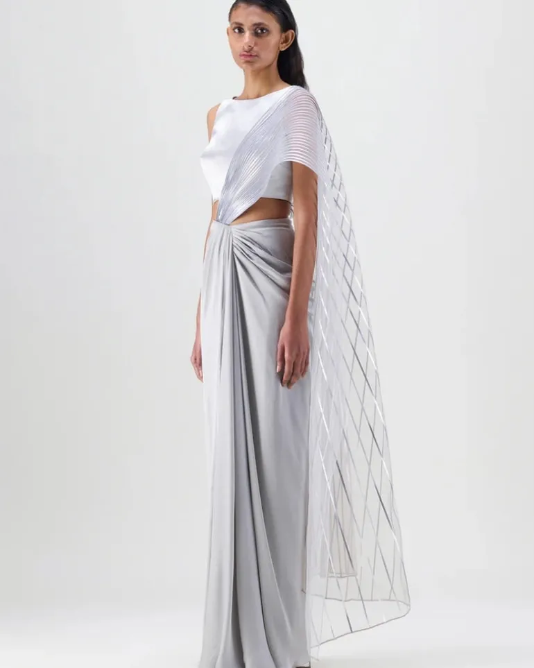Gray Structured Pallu Sari Set