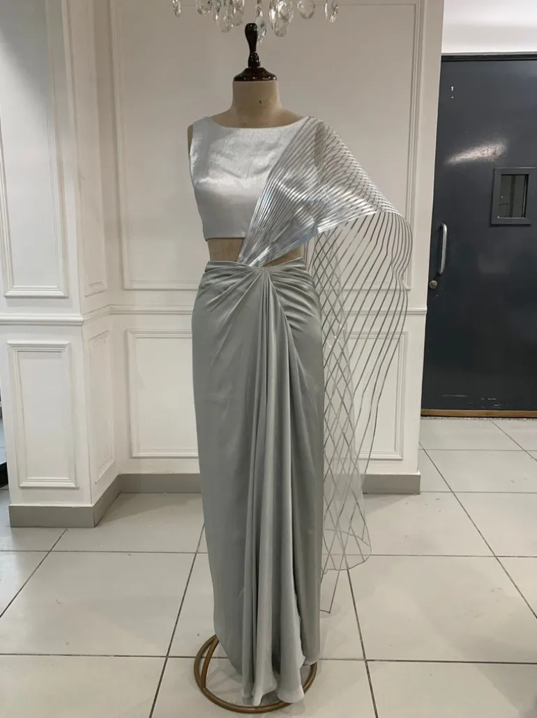 Gray Structured Pallu Sari Set