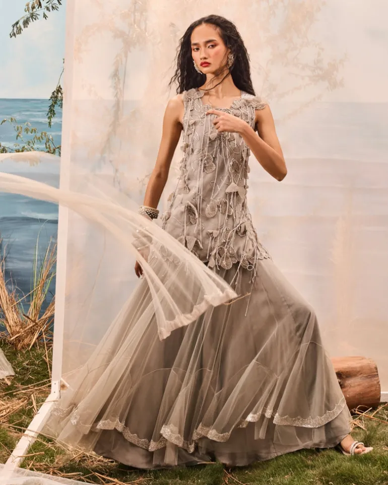 Gray Tassel Top With Frill Lehenga Set