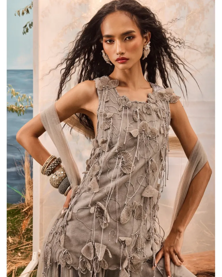 Gray Tassel Top With Frill Lehenga Set