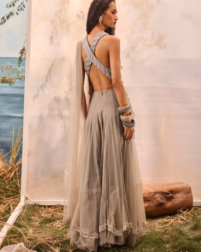 Gray Tassel Top With Frill Lehenga Set