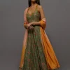 Green & Peach Painted Anarkali Set