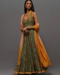 Green & Peach Painted Anarkali Set