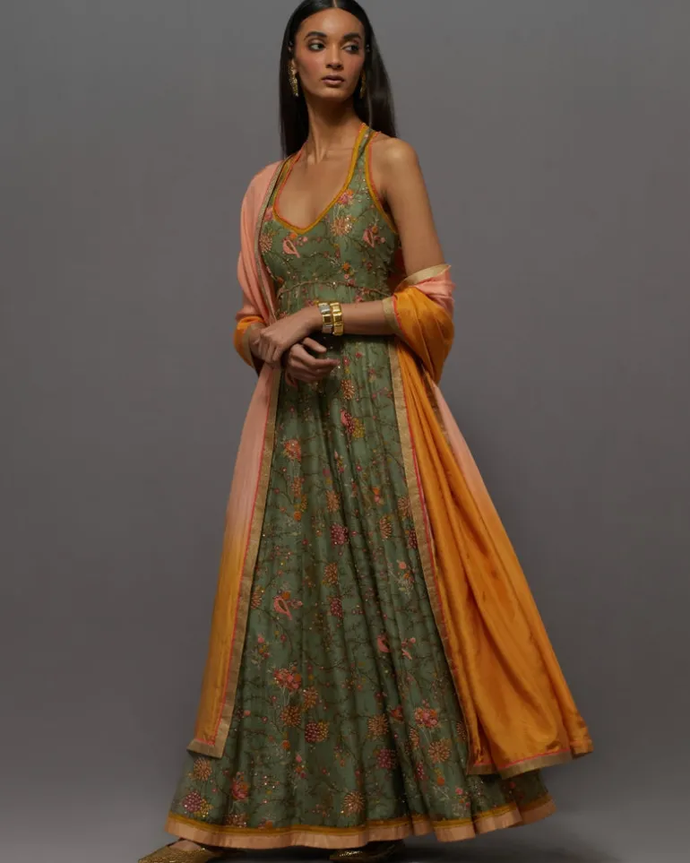 Green & Peach Painted Anarkali Set