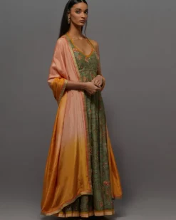Green & Peach Painted Anarkali Set
