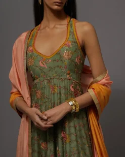 Green & Peach Painted Anarkali Set