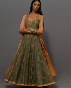 Green & Peach Painted Anarkali Set
