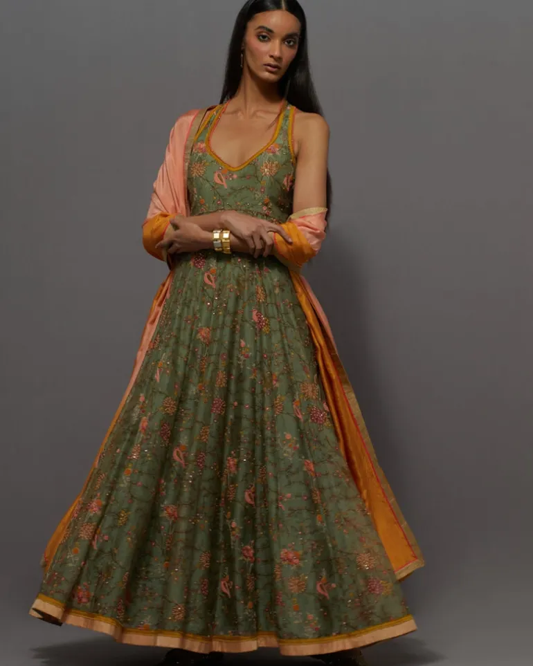 Green & Peach Painted Anarkali Set