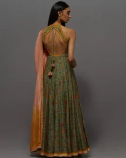 Green & Peach Painted Anarkali Set