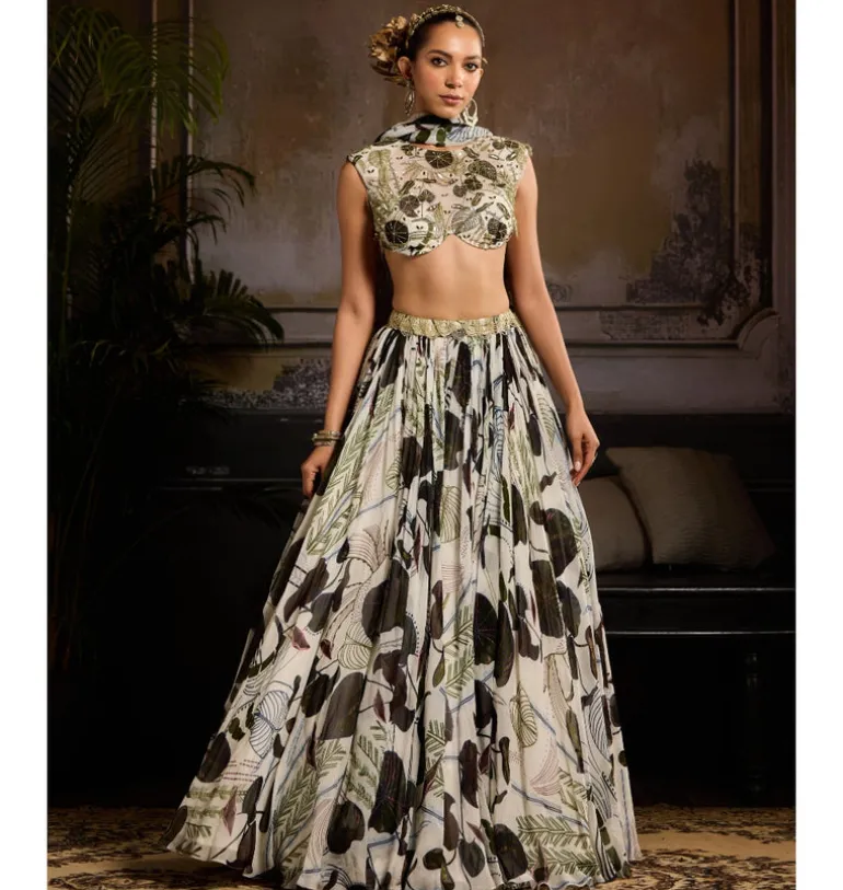Green & White Dew Lehenga Set