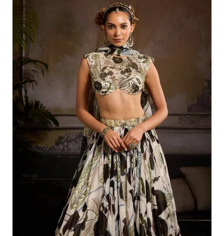 Green & White Dew Lehenga Set