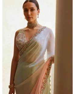 Green And Pink Ombre Organza Sari Set