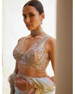 Green And Pink Ombre Organza Sari Set
