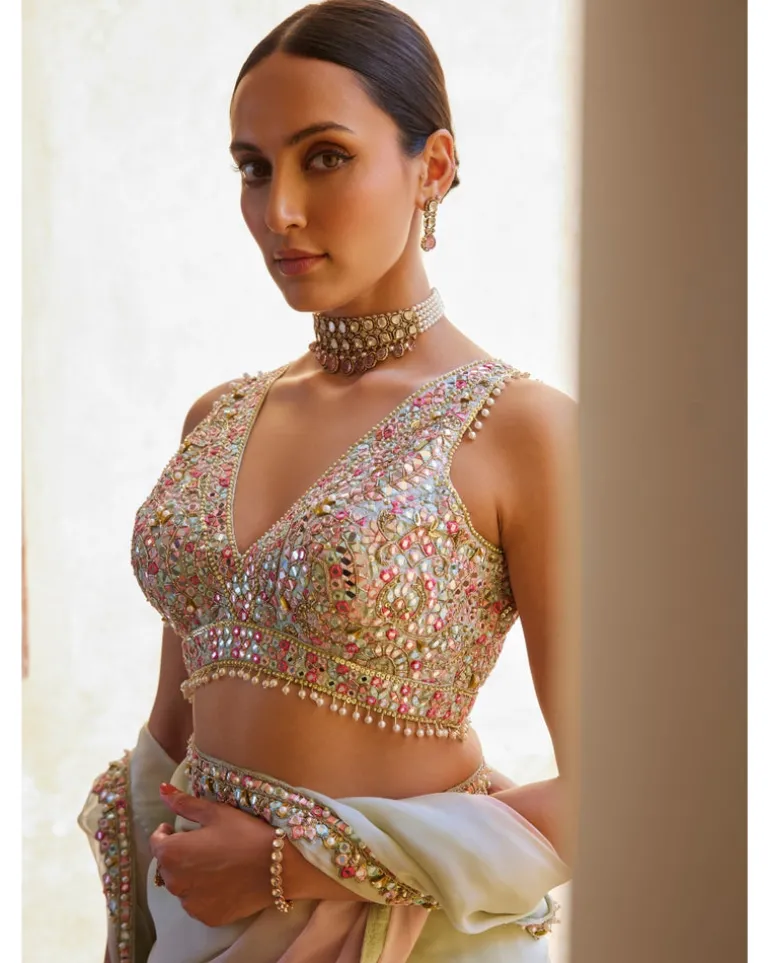 Green And Pink Ombre Organza Sari Set