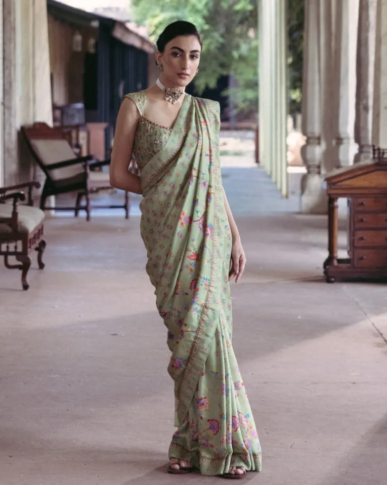 Green Embroidered Sari Set