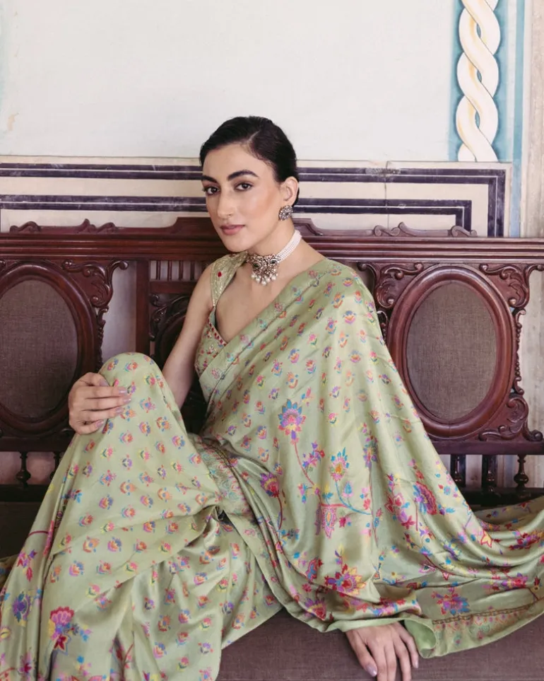 Green Embroidered Sari Set