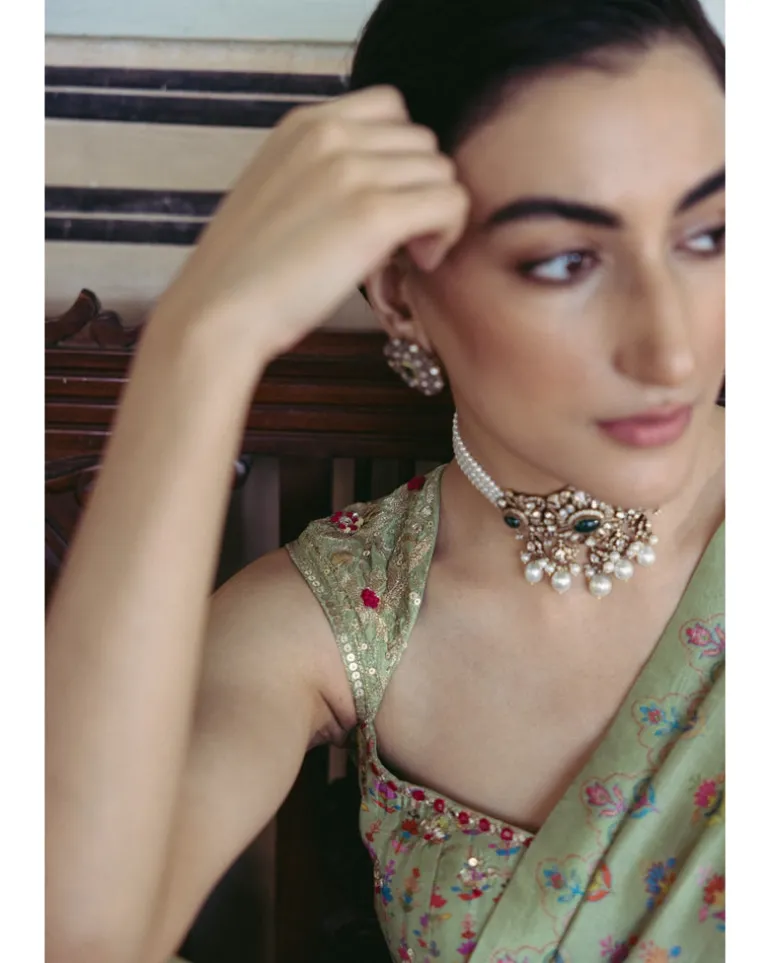 Green Embroidered Sari Set