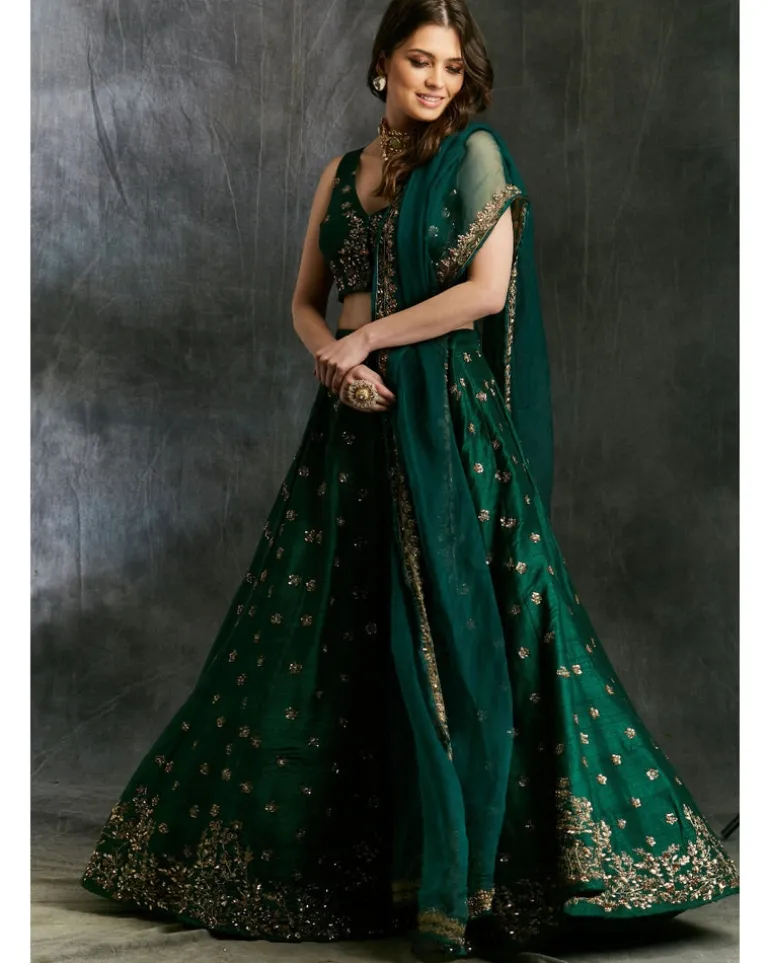 Green Emerald Lehenga With Organza Dupatta