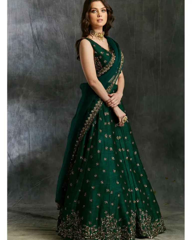 Green Emerald Lehenga With Organza Dupatta