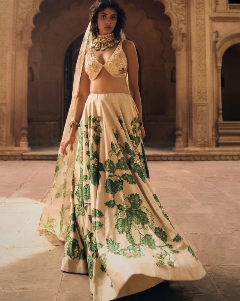 Green Floral Print Lehenga Set