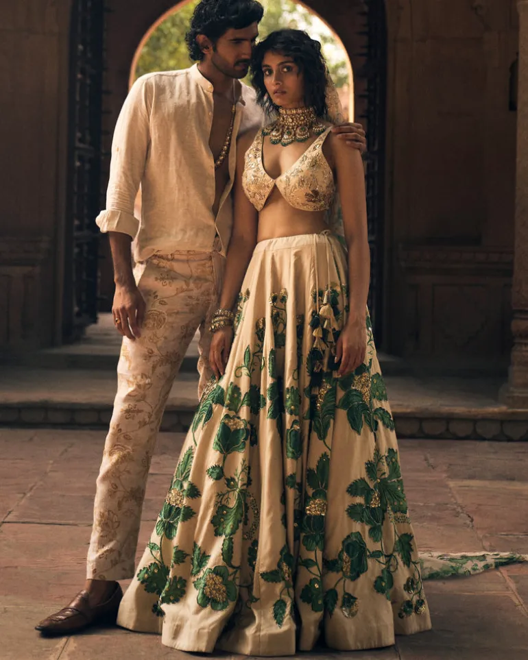 Green Floral Print Lehenga Set