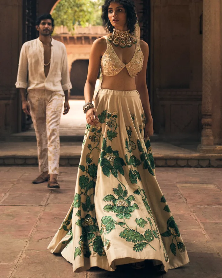 Green Floral Print Lehenga Set