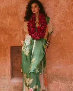 Green Habutai Floral Kurta Set