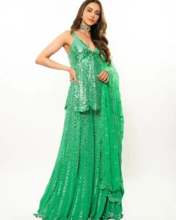Green Mirror Work Sharara Set