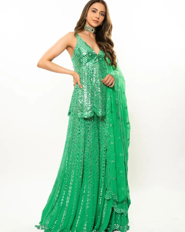 Green Mirror Work Sharara Set
