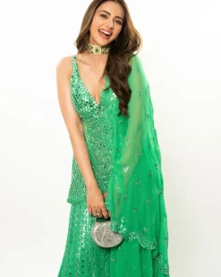 Green Mirror Work Sharara Set