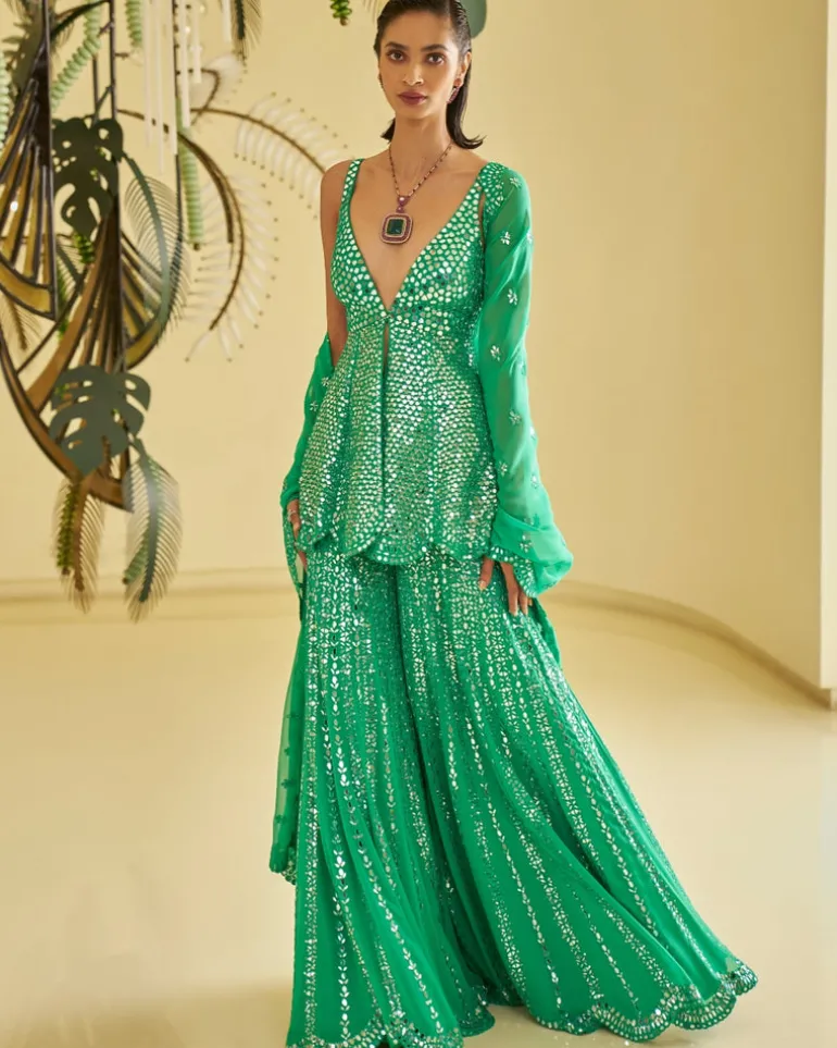 Green Mirror Work Sharara Set