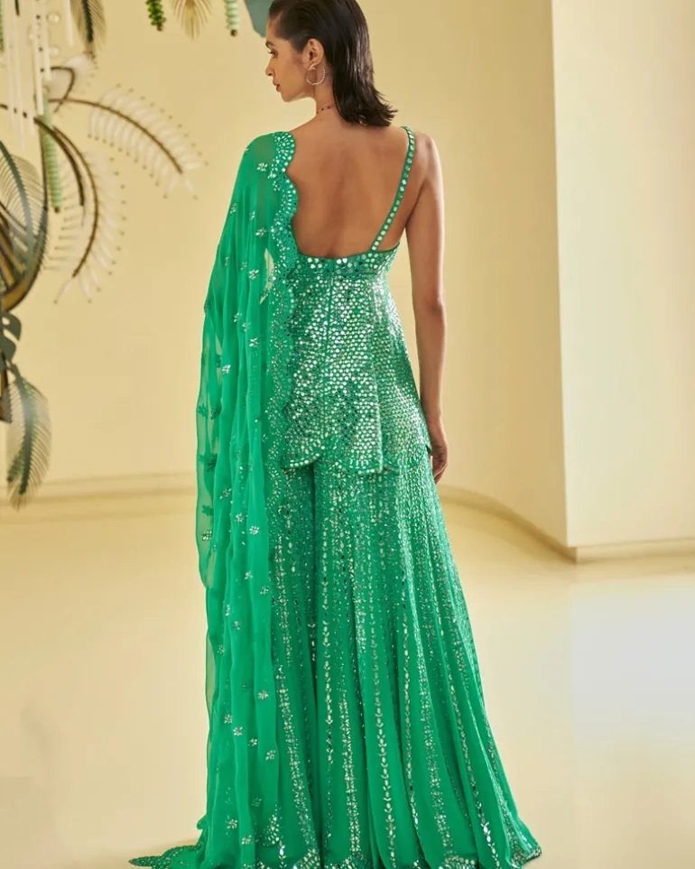 Green Mirror Work Sharara Set