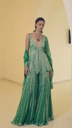 Green Mirror Work Sharara Set