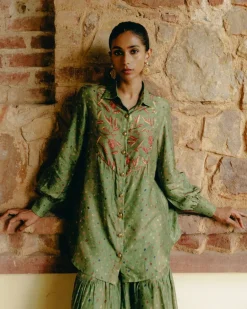 Green Mix Print Shirt & Gharara Set