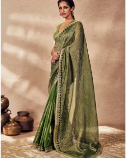 Green Palm Blooms Tissue Sari Set