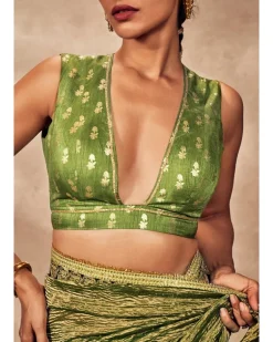 Green Palm Blooms Tissue Sari Set